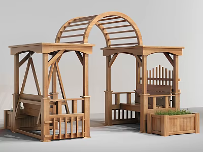 Outdoor Wooden Garden Structures With Arch Canopy Bench And Planter Box 3d model