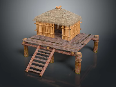 Traditional Thatched House with Bamboo Structure on Wooden Platform and Wooden Ladder with Supportive Pillars 3d model