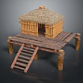 Traditional Thatched House with Bamboo Structure on Wooden Platform and Wooden Ladder with Supportive Pillars