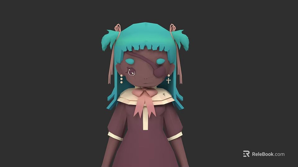 Anime Style Woman With Teal Pigtail Hair Purple Dress White Collar And Pink Bow 3d model 