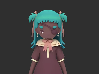 Anime Style Woman With Teal Pigtail Hair Purple Dress White Collar And Pink Bow 3d model