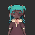 Anime Style Woman With Teal Pigtail Hair Purple Dress White Collar And Pink Bow