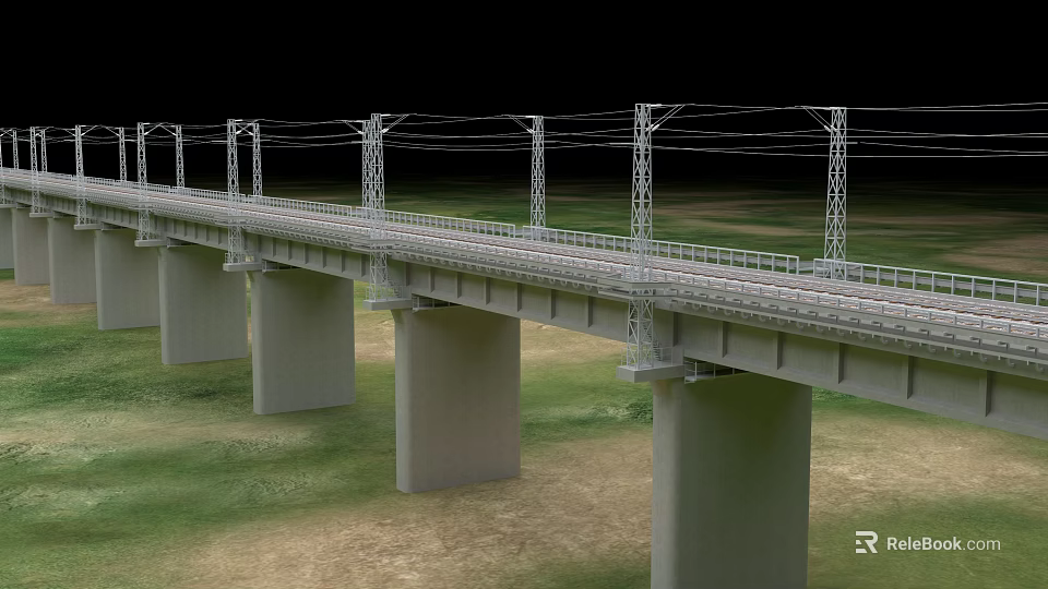 Bridge Structure With Concrete Piers Supporting Rail Tracks And Electric Poles 3d model 