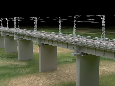 Bridge Structure With Concrete Piers Supporting Rail Tracks And Electric Poles 3d model