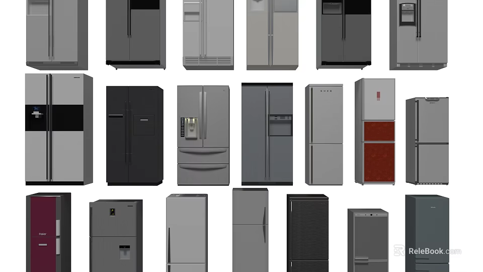 Various Modern Refrigerators and Freezers with Different Styles Colors and Door Designs 3d model 