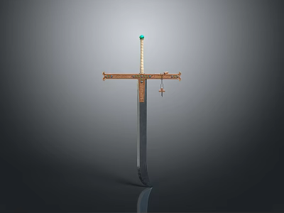 Medieval Sword With Golden Hilt Blue Gemstone Cross Guard Small Cross Pendant And Dark Blade 3d model