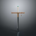 Medieval Sword With Golden Hilt Blue Gemstone Cross Guard Small Cross Pendant And Dark Blade