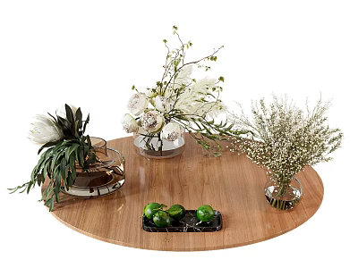 Three Vases With White And Green Flowers On Wooden Round Table And Black Tray Of Limes 3d model