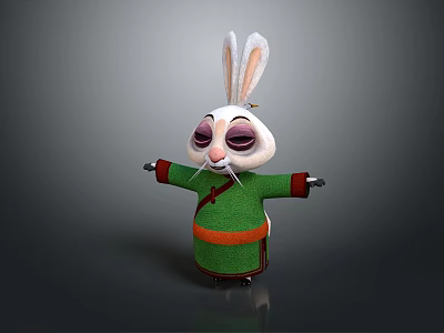 Adorable Rabbit Stuffed Toy Featuring White Ears Green Outfit Red Sash And Arms Outstretched 3d model