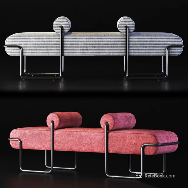Gray Striped And Pink Upholstered Sofa Bench With Roll Cushions And Metal Frame 3d model 