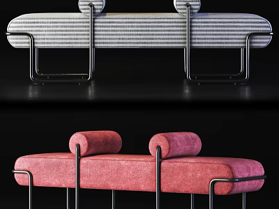 Gray Striped And Pink Upholstered Sofa Bench With Roll Cushions And Metal Frame 3d model