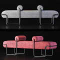 Gray Striped And Pink Upholstered Sofa Bench With Roll Cushions And Metal Frame