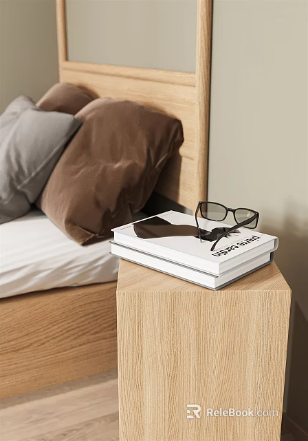 Cozy Modern Bedroom Interior With Wooden Bedside Table Stacked Books Glasses And Gray Brown Pillows 3d model 