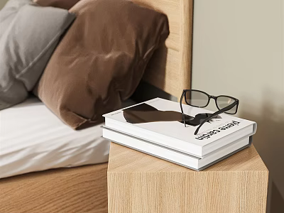 Cozy Modern Bedroom Interior With Wooden Bedside Table Stacked Books Glasses And Gray Brown Pillows 3d model