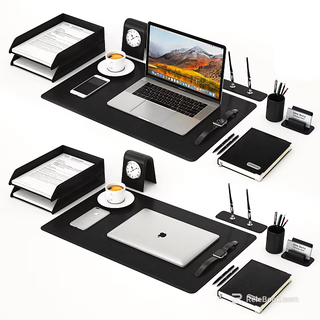 Organized Office Desk Setup With Laptop Notebook Stationery Coffee Cup And Clock 3d model