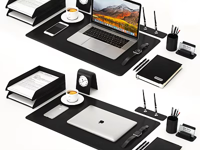 Organized Office Desk Setup With Laptop Notebook Stationery Coffee Cup And Clock 3d model