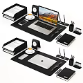 Organized Office Desk Setup With Laptop Notebook Stationery Coffee Cup And Clock 3d model