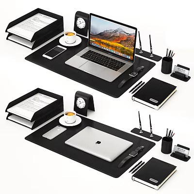 Organized Office Desk Setup With Laptop Notebook Stationery Coffee Cup And Clock 3d model
