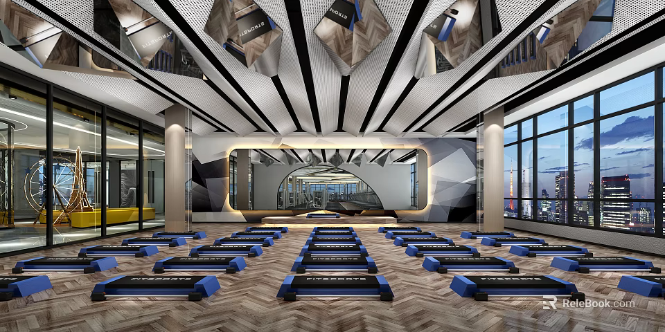 Spacious Modern Fitness Studio Interior With Step Platforms Mirror And Large Windows 3d model 
