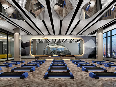 Spacious Modern Fitness Studio Interior With Step Platforms Mirror And Large Windows 3d model