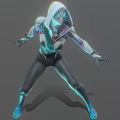 Hooded Masked Game Movie Character In Teal Green Bodysuit Action Ready Pose With Glowing Elements