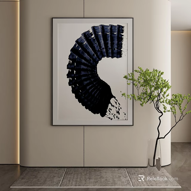 Black Spiral Sculpture Artwork Hanging On Wall With Green Plant In Modern Interior 3d model 