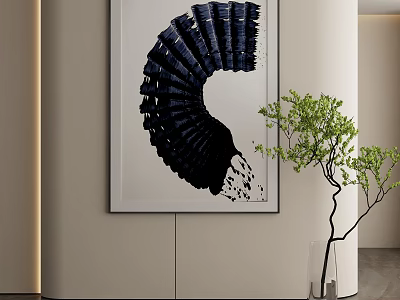 Black Spiral Sculpture Artwork Hanging On Wall With Green Plant In Modern Interior 3d model