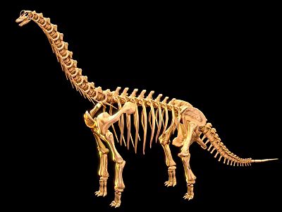 Golden Reptile Skeleton With Long Neck Display On Black Background Structure 3d model Golden Reptile Skeleton With Long Neck Display On Black Background Structure 3d model
