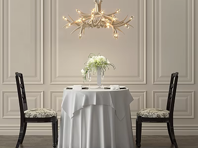 Elegant Dining Table Set With White Tablecloth Two Chairs White Flowers Vase And Chandelier 3d model