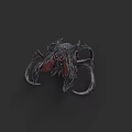 Intricate Metallic Sculpture With Red Accents On Black Background Design