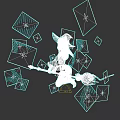 Mystical Game Character Silhouette Wearing Hat Holding Staff With Green Star Square Cards Gray Background