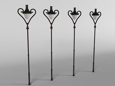 Traditional Outdoor Lights With Black Poles Curved Designs And White Shades 3d model