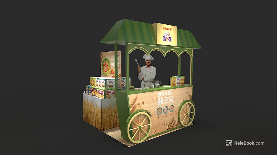 Commercial Mobile Food Cart With Green Awning Chef Figurine And Bread Boxes For Street Business 3d model 