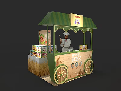 Commercial Mobile Food Cart With Green Awning Chef Figurine And Bread Boxes For Street Business 3d model