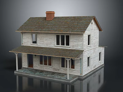 Two Story White Residential House With Gray Roof Red Chimney And Porch Columns 3d model