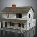 Two Story White Residential House With Gray Roof Red Chimney And Porch Columns