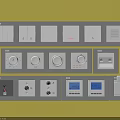 White Switch Panels With Various Types Buttons Knobs And Digital Displays On Yellow Background
