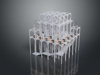 Modern Geometric Architectural Model With Multi Layer Arched Design White Frame And Blue Panels 3d model