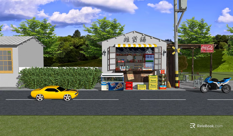 Vibrant Shopping Mall Storefront With Yellow Car Green Bushes And Coca-Cola Sign 3d model 