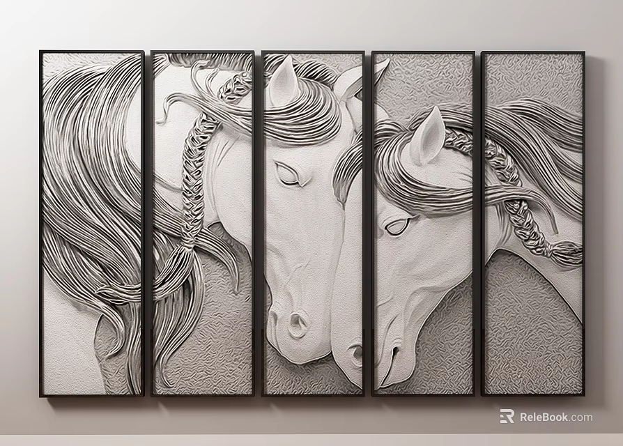Five Panel Horse Animal Painting with Line Art Mane and Decorative Details 3d model 