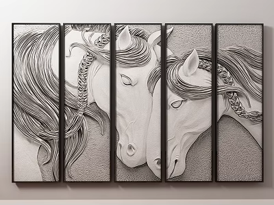 Five Panel Horse Animal Painting with Line Art Mane and Decorative Details 3d model
