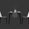 Modern Dining Table Set with Four White Chairs Black Legs Marble Top and Green Plant