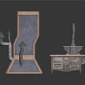 Vintage Kitchen Stove Furniture With Tall Curved Pipe Pointed Top And Low Cabinet Drawers Chimney