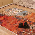 Colorful Square Area Rug With Abstract Pattern On Wooden Floor Interior Tray And Plant Vase
