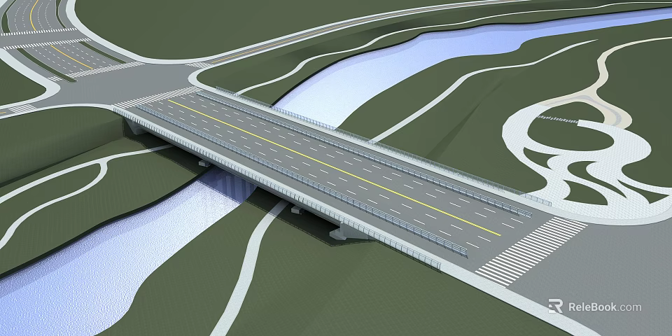 Road Infrastructure Featuring Concrete Bridge With Traffic Lanes Crossing River 3d model