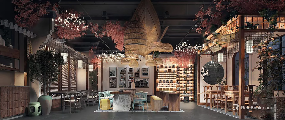 Traditional Chinese Tea House Interior With Wooden Shelves Red Lanterns And Floral Decor 3d model 