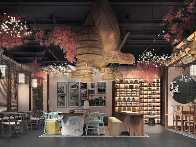 Traditional Chinese Tea House Interior With Wooden Shelves Red Lanterns And Floral Decor 3d model