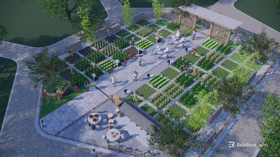 Rural Garden Landscape With Vegetable Plots Stone Paths And Outdoor Seating 3d model 