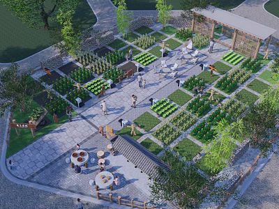 Rural Garden Landscape With Vegetable Plots Stone Paths And Outdoor Seating 3d model