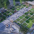 Rural Garden Landscape With Vegetable Plots Stone Paths And Outdoor Seating